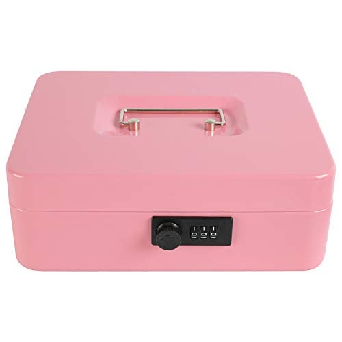 xydled Steel Cash Box Safe with Combination Lock,Money Safe Box with Removable Coin Tray,Large,9.84"x 7.87"x 3.54",Pink - Image 2