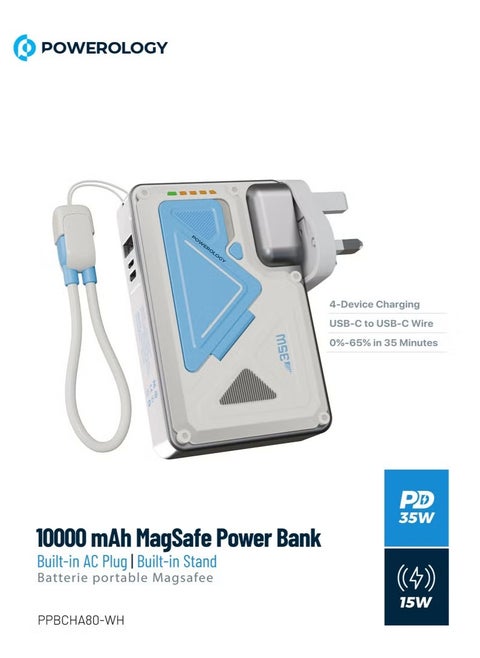 10000mAh MagSafe Power Bank PD 35W Fast Charging Wall Charger 10000 mAh with Built-in AC Plug & 15W Wireless Charging / USB-C to USB-C Wire / 4-Device Charging Powerbank / Lightning Input/Output / Simultaneous Charging - White
