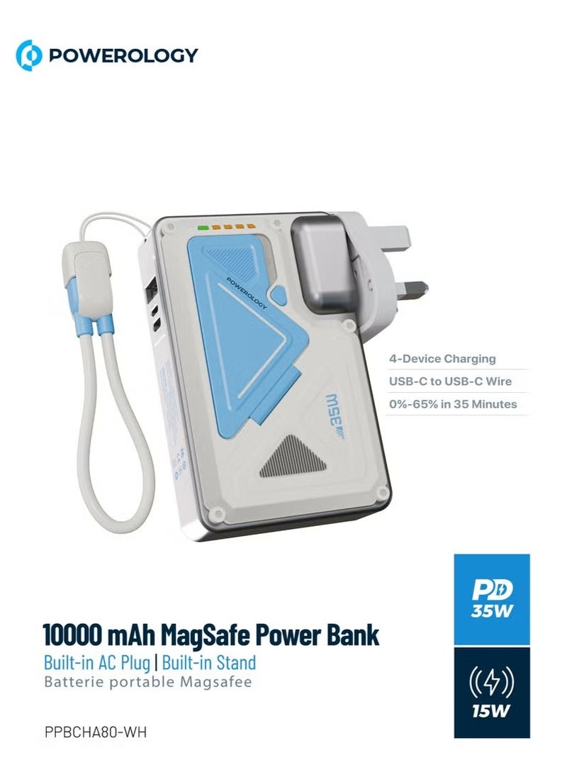 10000mAh MagSafe Power Bank PD 35W Fast Charging Wall Charger 10000 mAh with Built-in AC Plug & 15W Wireless Charging / USB-C to USB-C Wire / 4-Device Charging Powerbank / Lightning Input/Output / Simultaneous Charging - White