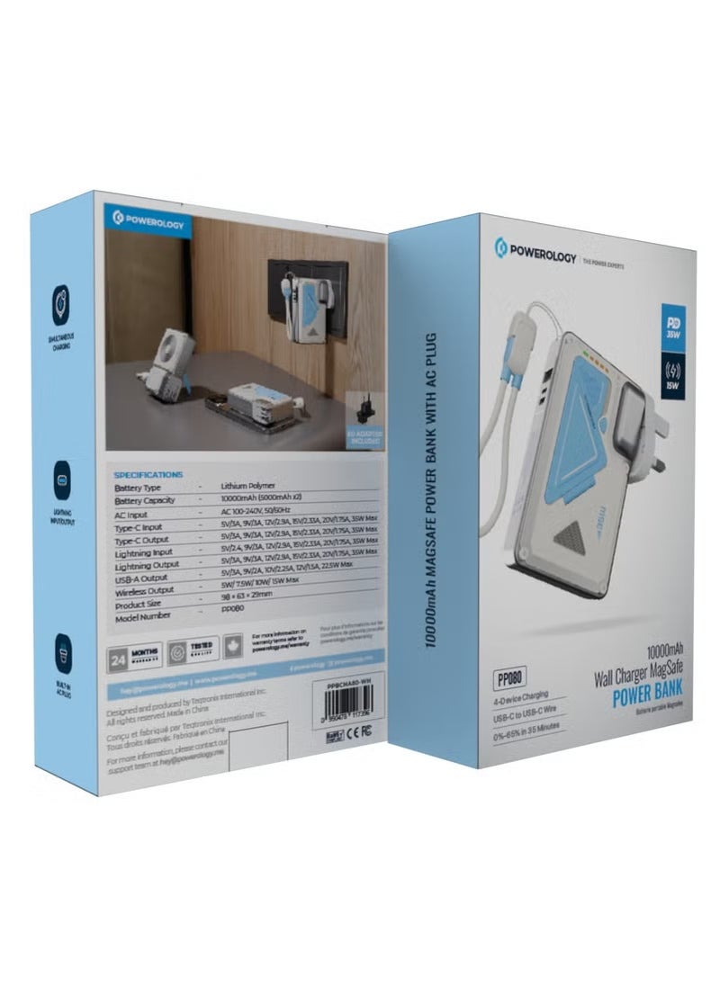 10000mAh MagSafe Power Bank PD 35W Fast Charging Wall Charger 10000 mAh with Built-in AC Plug & 15W Wireless Charging / USB-C to USB-C Wire / 4-Device Charging Powerbank / Lightning Input/Output / Simultaneous Charging - White