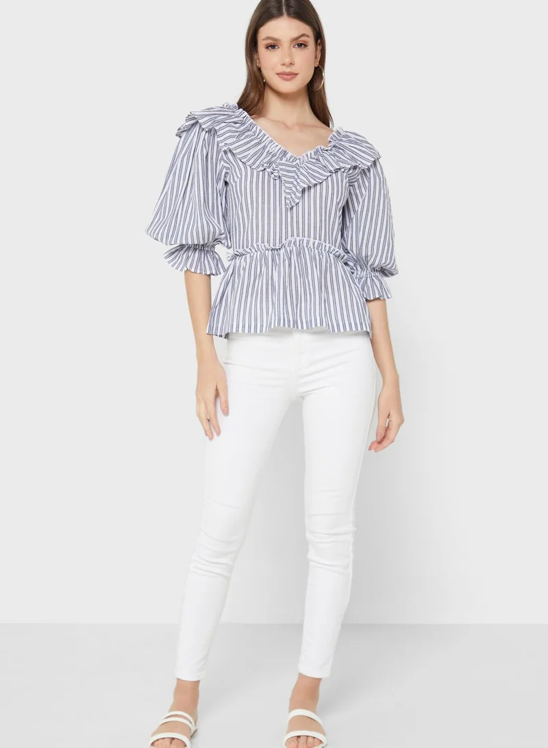 WAREHOUSE Striped Ruffle Detail Top