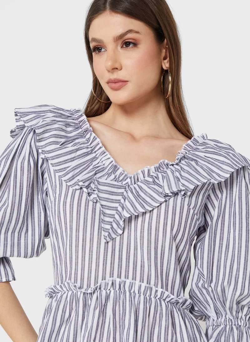 WAREHOUSE Striped Ruffle Detail Top