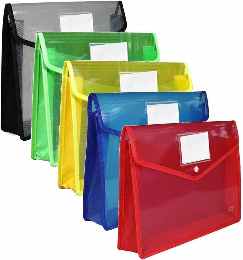 ANG A4 Plastic File Folder Poly Envelope Expanding File Wallet Document Organizer with Snap Closure & Label Pocket Clear Coloured Waterproof Accordion File Pouch for Office Home Storage- Set of 2 - Image 1