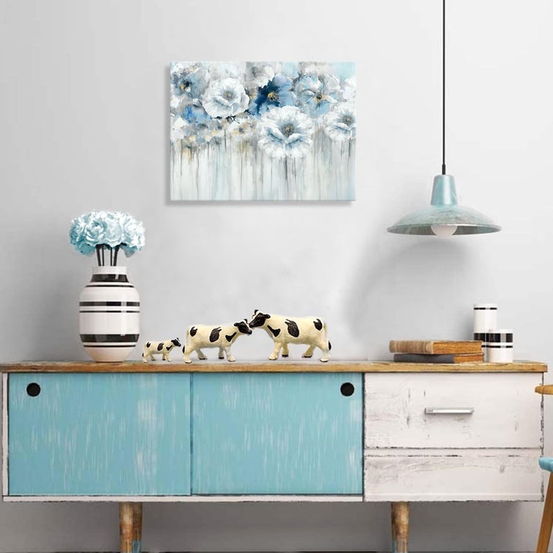 Woxfcart Bathroom Flower Canvas Wall Art White Floral with Gold Decorations for Blue Living Room Bedroom Decor 15" x 12" - Image 5