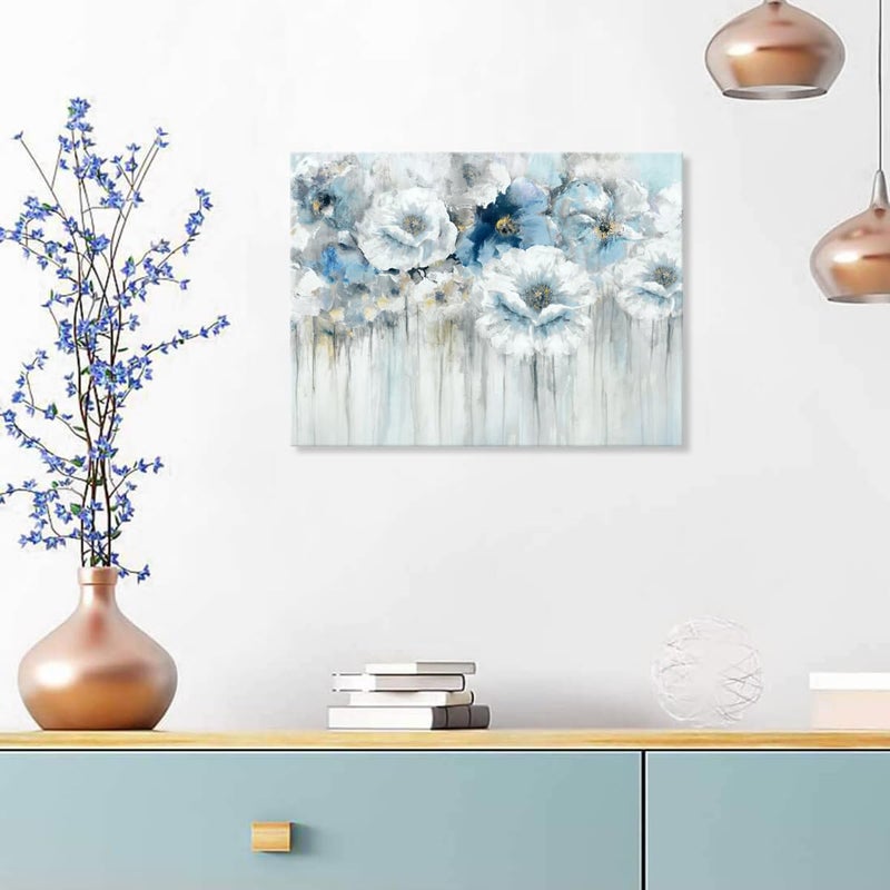Woxfcart Bathroom Flower Canvas Wall Art White Floral with Gold Decorations for Blue Living Room Bedroom Decor 15" x 12" - Image 3