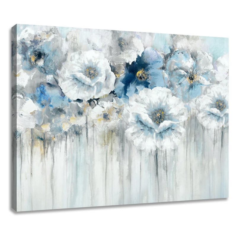 Woxfcart Bathroom Flower Canvas Wall Art White Floral with Gold Decorations for Blue Living Room Bedroom Decor 15" x 12" - Image 1