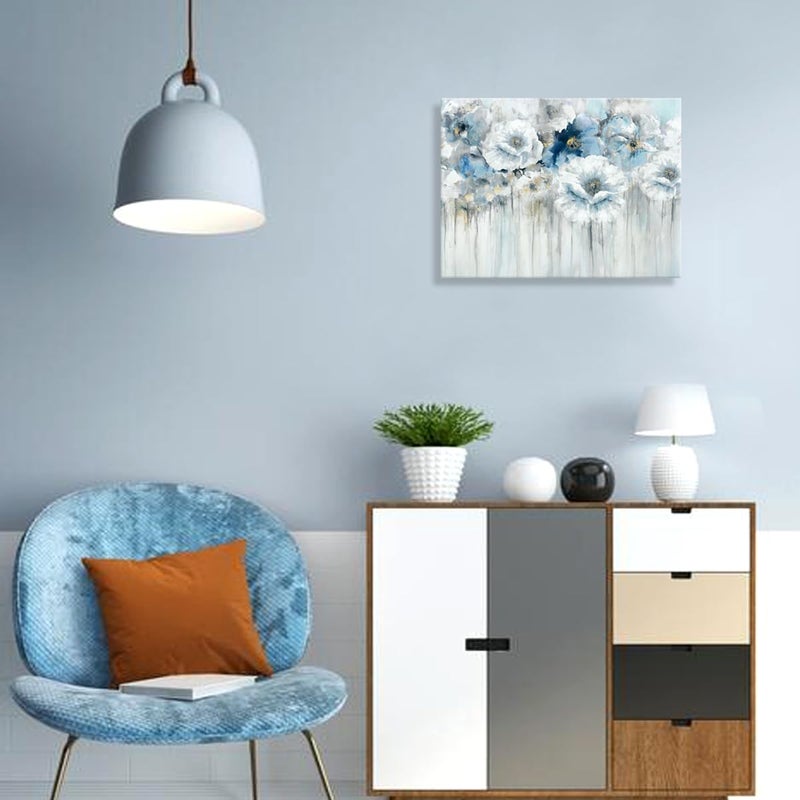 Woxfcart Bathroom Flower Canvas Wall Art White Floral with Gold Decorations for Blue Living Room Bedroom Decor 15" x 12" - Image 2