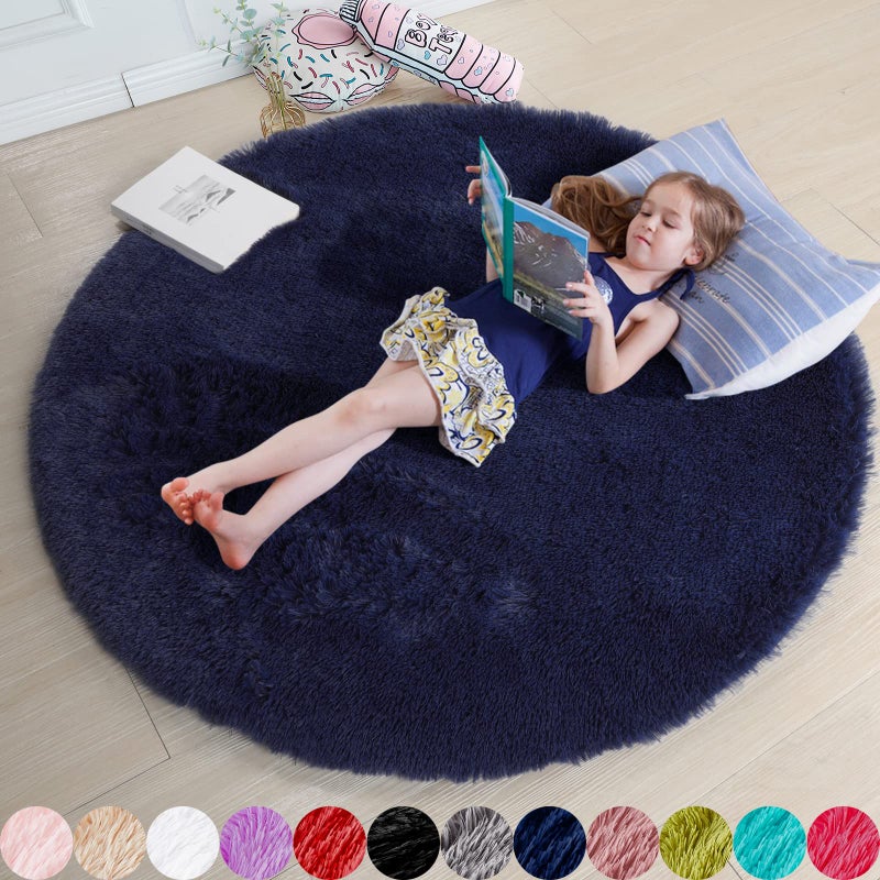 Amdrebio Dark Navy Round Rugs 5Ft for Teen Boys Bedroom Circular Fluffy Shag Fuzzy Plush Circle Area Rug for Kids Room Living Room Decor Aesthetic Indigo Furry Cool Dark Blue Carpet for Dorm Baby Nursery - Image 2