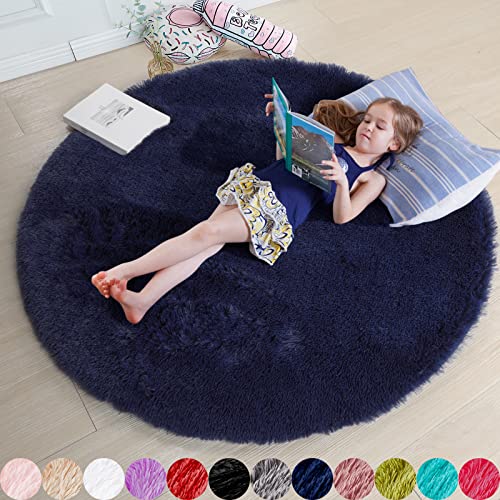 Amdrebio Dark Navy Round Rugs 5Ft for Teen Boys Bedroom Circular Fluffy Shag Fuzzy Plush Circle Area Rug for Kids Room Living Room Decor Aesthetic Indigo Furry Cool Dark Blue Carpet for Dorm Baby Nursery - Image 1