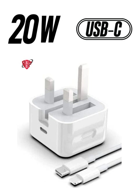 20W Apple Charger UK Plug with 1m USB-C Fast Charging Cable Universal Travel Adapter Compatible with iPhone 14/13/12/11 Pro/Pro Max, 8 Plus, X Max, and More