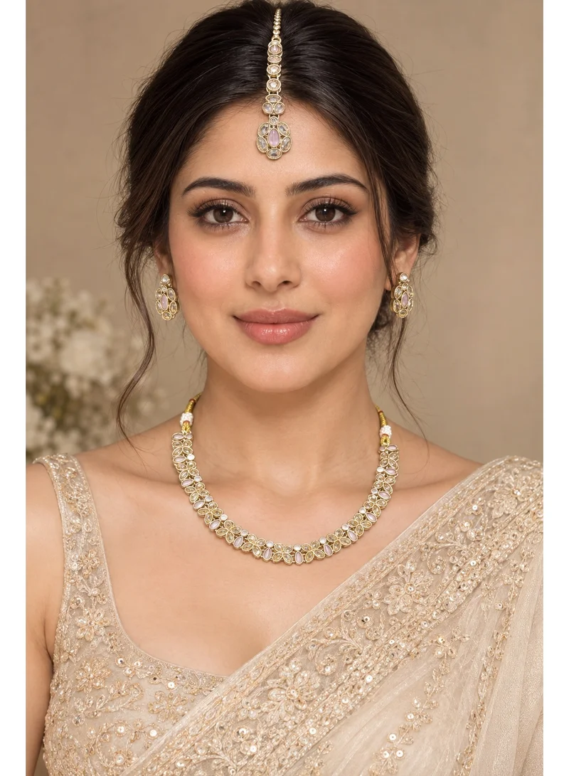 Lehar Blush Pink Floral Kundan Necklace Set with Earrings & Maang Tikka - Indian Bridal Jewelry