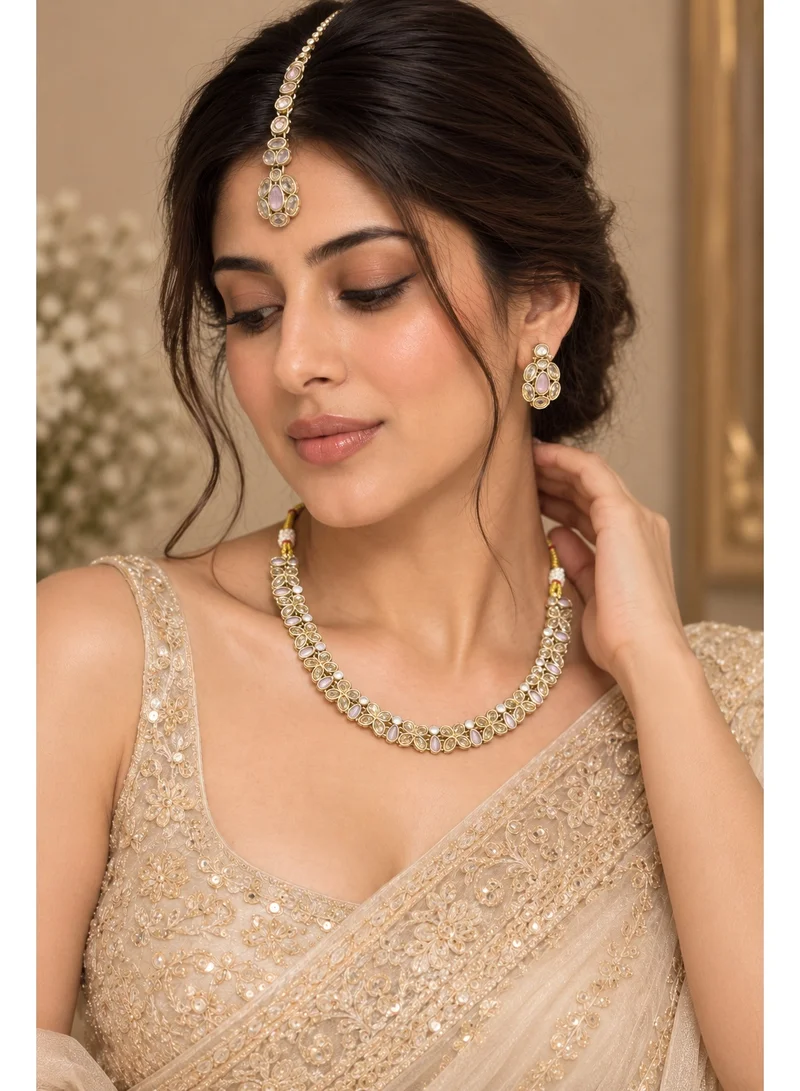 Lehar Blush Pink Floral Kundan Necklace Set with Earrings & Maang Tikka - Indian Bridal Jewelry
