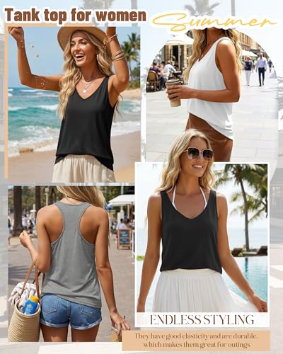 Huukeay 3 Pack Womens Tank Tops V Neck Racerback Tops Loose Fit Summer Casual Sleeveless Tee Workout Yoga Athletic ShirtsBlack White GrayMedium - Image 3
