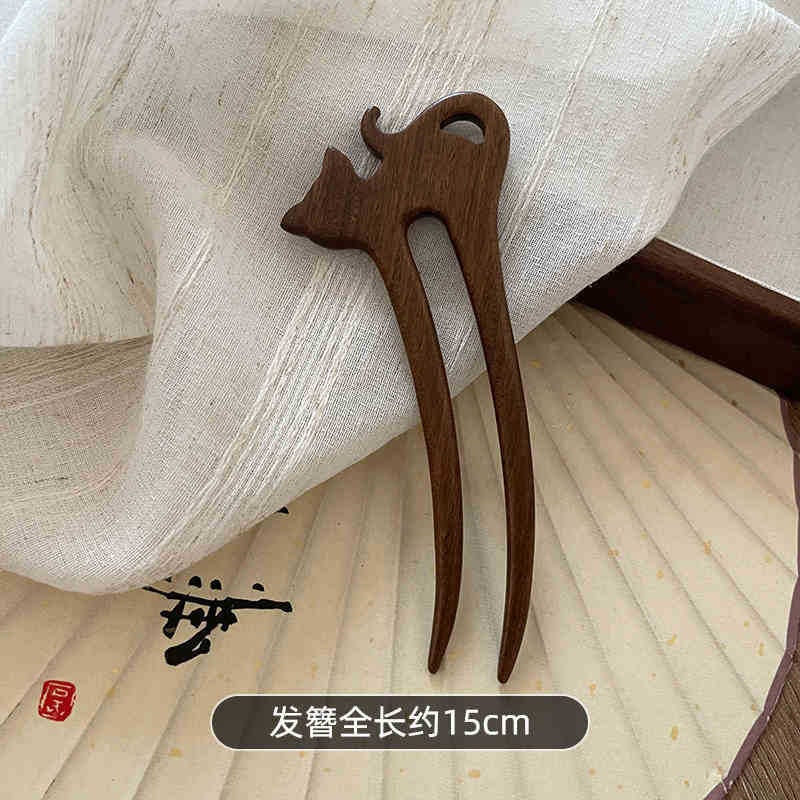 Generic New Chinese Cute Cat U-shaped Hairpin Sandalwood Hairpin Lazy Hair Coiling Antique Hair Hairpin Hanfu Accessories Headwear Long-legged cat [gold sandalwood]