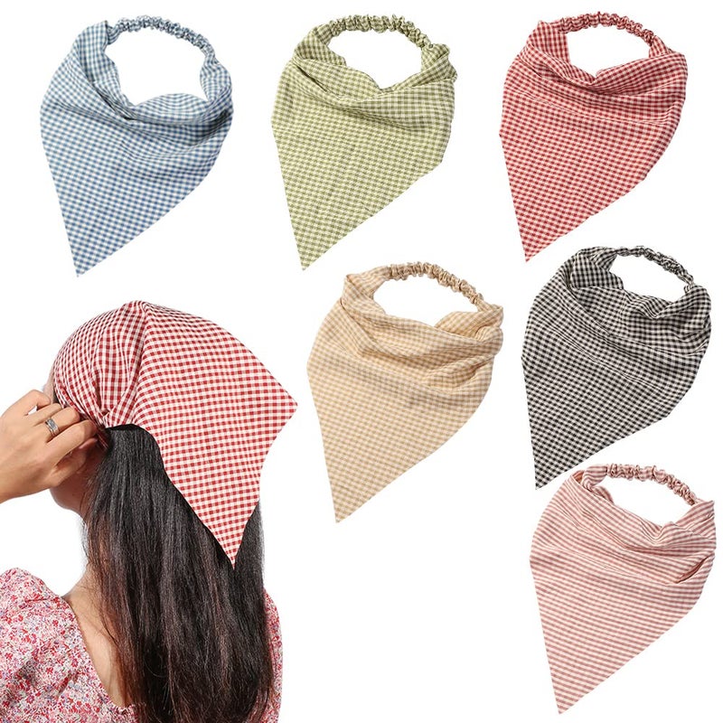 Vercret 6 Pack Hair Scarf Headband for Women - Elastic Hair Kerchief Large Boho Triangle Bandana Head Scarf with Clips Non Slip Lattice Headbands Hair Scarves for Teen Girls - Image 1