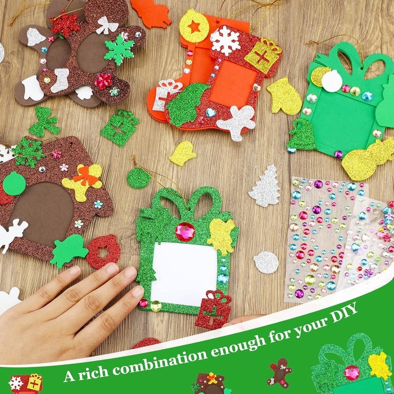 Woanger 224 Pieces Christmas Photo Ornament Glitter Foam Picture Frame Christmas Tree Hanging Ornament with 390 Pieces Jewels Stickers for Tree Xmas Holiday Decorations - Image 4