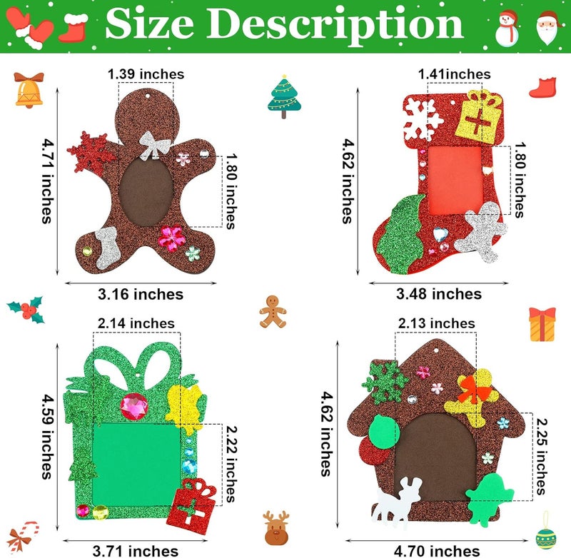Woanger 224 Pieces Christmas Photo Ornament Glitter Foam Picture Frame Christmas Tree Hanging Ornament with 390 Pieces Jewels Stickers for Tree Xmas Holiday Decorations - Image 2