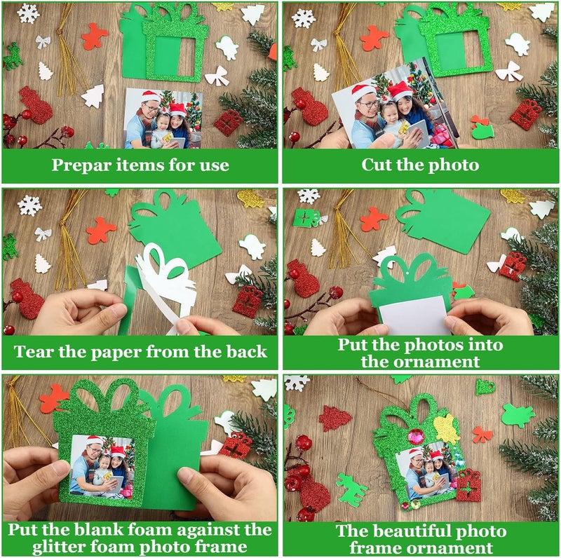 Woanger 224 Pieces Christmas Photo Ornament Glitter Foam Picture Frame Christmas Tree Hanging Ornament with 390 Pieces Jewels Stickers for Tree Xmas Holiday Decorations - Image 3