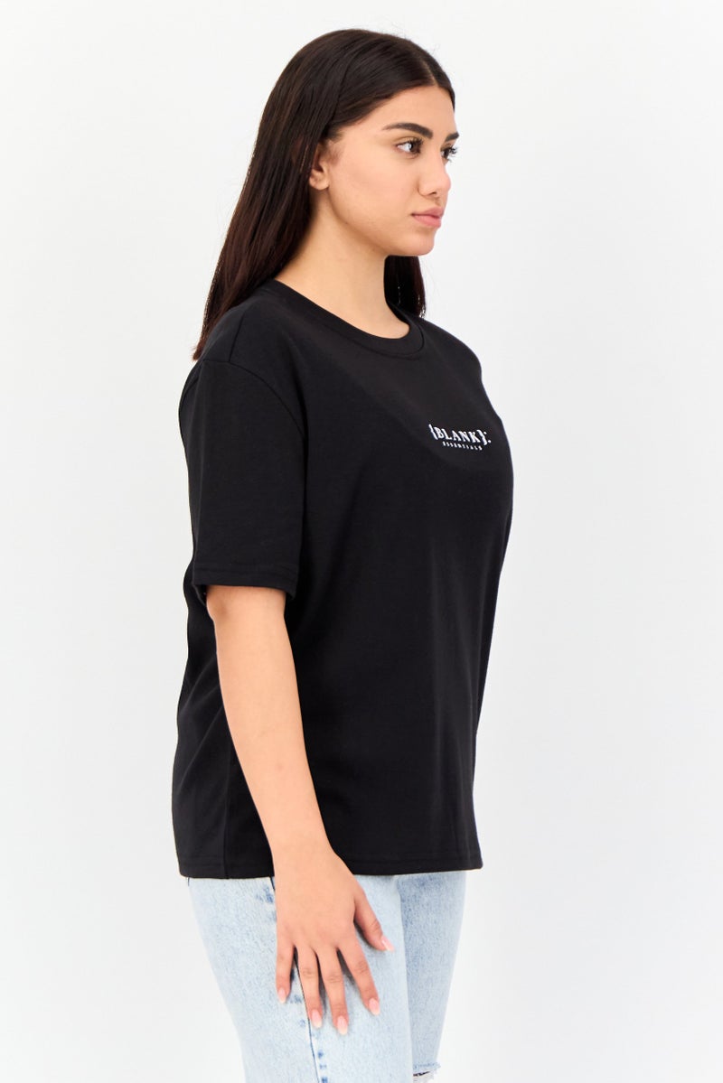 Blank Essentials Women Round Neck Short Sleeves Brand Logo T-Shirt, Black - Image 2