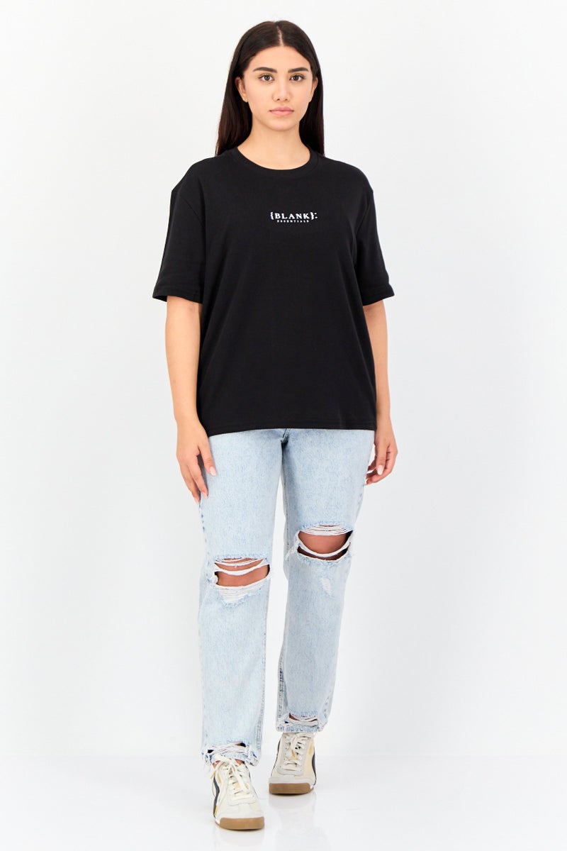 Blank Essentials Women Round Neck Short Sleeves Brand Logo T-Shirt, Black - Image 4
