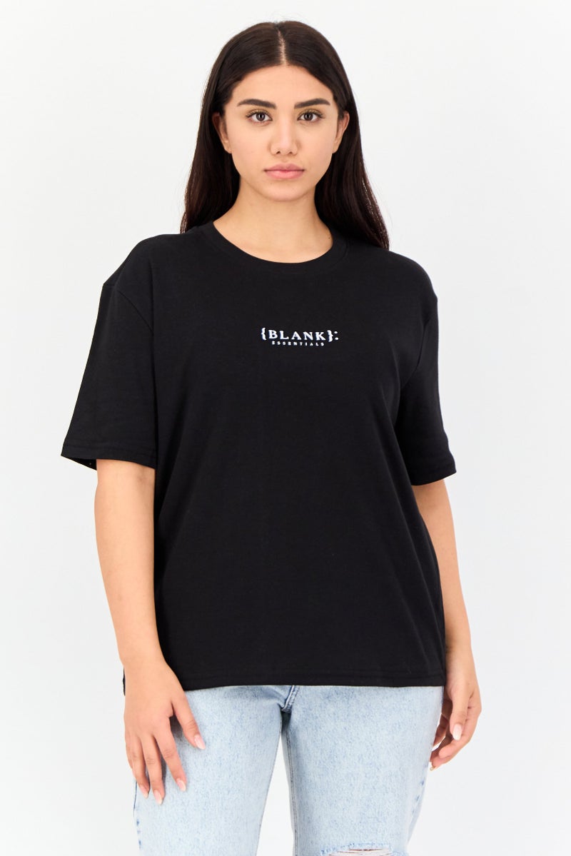 Blank Essentials Women Round Neck Short Sleeves Brand Logo T-Shirt, Black - Image 1