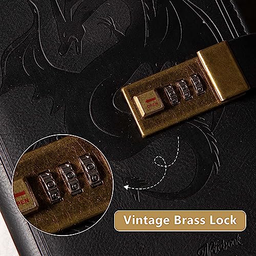 TIEFOSSI Dragon Leather Journal, Hardcover Notebook, Locked Refillable Diary, Lined/Blank Paper Writing Journals with Combination Lock for Men Women Child (Black) - Image 3