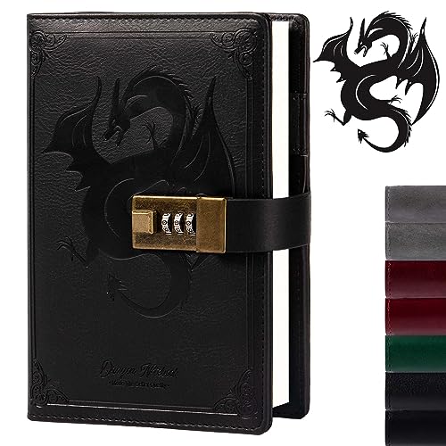 TIEFOSSI Dragon Leather Journal, Hardcover Notebook, Locked Refillable Diary, Lined/Blank Paper Writing Journals with Combination Lock for Men Women Child (Black) - Image 1