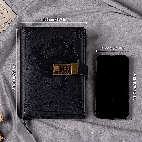 TIEFOSSI Dragon Leather Journal, Hardcover Notebook, Locked Refillable Diary, Lined/Blank Paper Writing Journals with Combination Lock for Men Women Child (Black) - Image 2