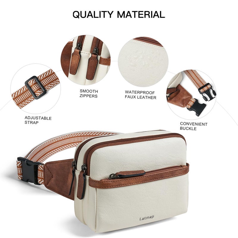 LATMAP 3L Fanny Pack Crossbody Bags for Women Men 4-Zipper Pockets Belt Bag Sling Waist Pack Faux Leather Chest Bag Purse Beige - Image 5