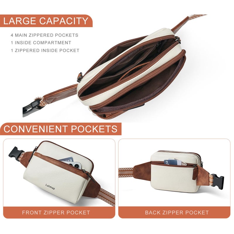 LATMAP 3L Fanny Pack Crossbody Bags for Women Men 4-Zipper Pockets Belt Bag Sling Waist Pack Faux Leather Chest Bag Purse Beige - Image 4