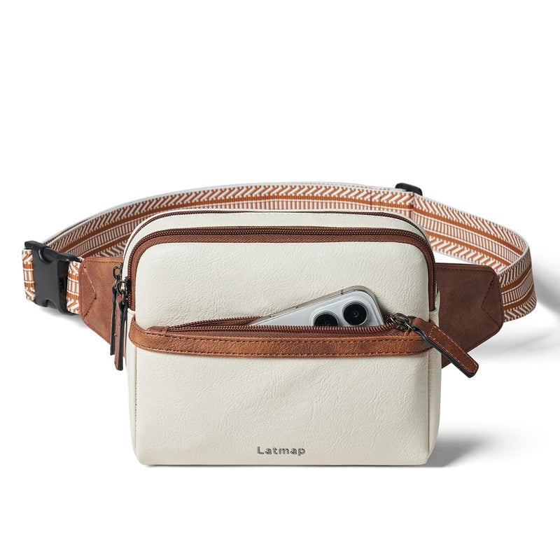 LATMAP 3L Fanny Pack Crossbody Bags for Women Men 4-Zipper Pockets Belt Bag Sling Waist Pack Faux Leather Chest Bag Purse Beige - Image 1
