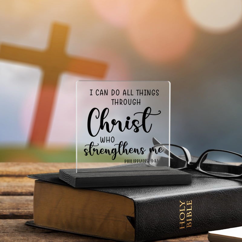 YODOCAMP I Can Do All Things Through Christ Clear Desk Decorative Sign, Inspirational Home Office Decor Plaque, Christian Bible Verse Acrylic Signs Gift for Mom Family Women Friends TZJ52 - Image 4