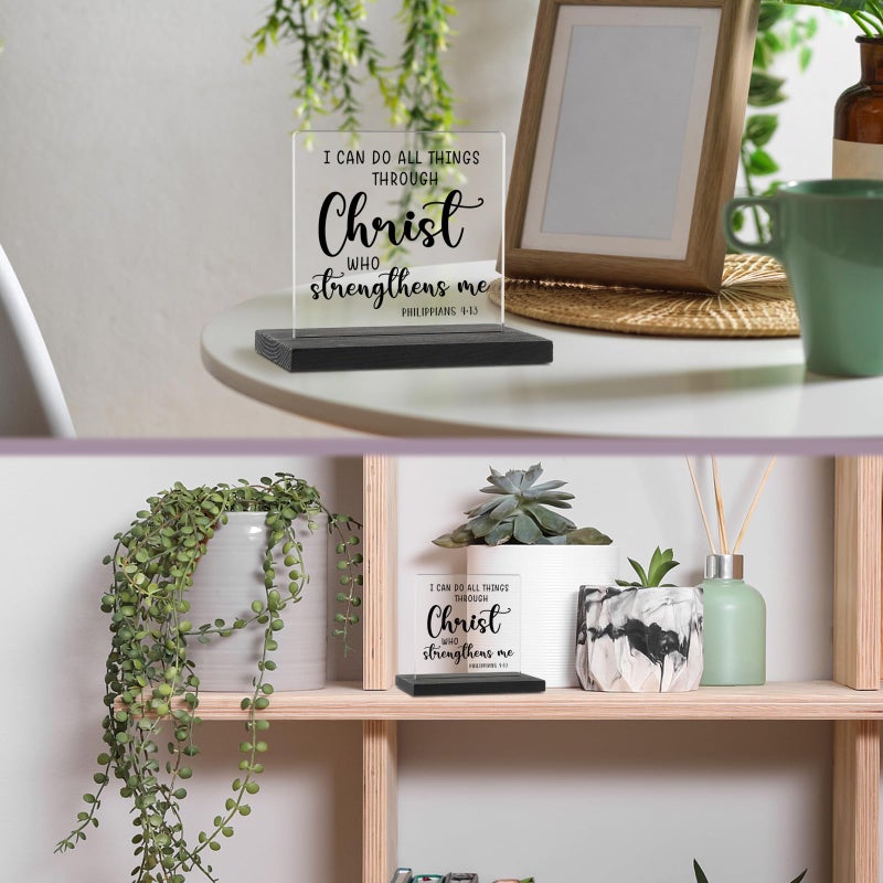 YODOCAMP I Can Do All Things Through Christ Clear Desk Decorative Sign, Inspirational Home Office Decor Plaque, Christian Bible Verse Acrylic Signs Gift for Mom Family Women Friends TZJ52 - Image 3
