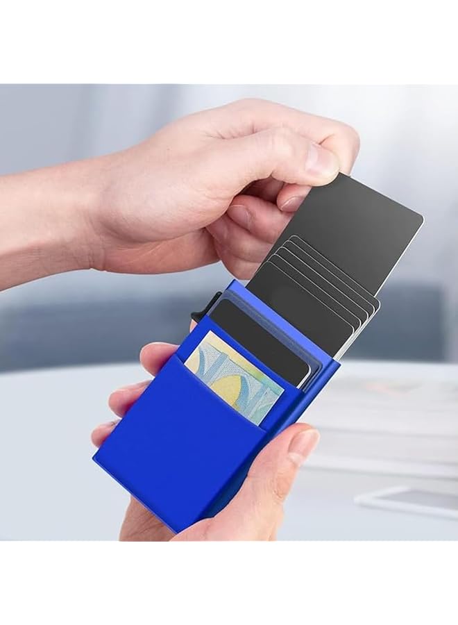 erorex Minimalist Pop Up Card Holder Wallet For Men Rfid Blocking Slim Business Credit Card Wallet With Money Pocket Aluminum Metal Bank Card Case For And Debit Cards Blue  - Image 2