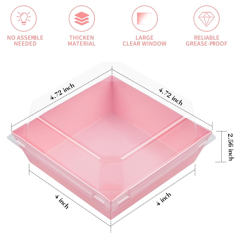 Ocmoiy 50 Pack Small Charcuterie Boxes with Clear Lids 4x4 Inch, To Go Disposable Paper Food Containers Bakery Treat Boxes for Desserts, Cake Slice, Cookies, Strawberries (Pink, 50) - Image 2