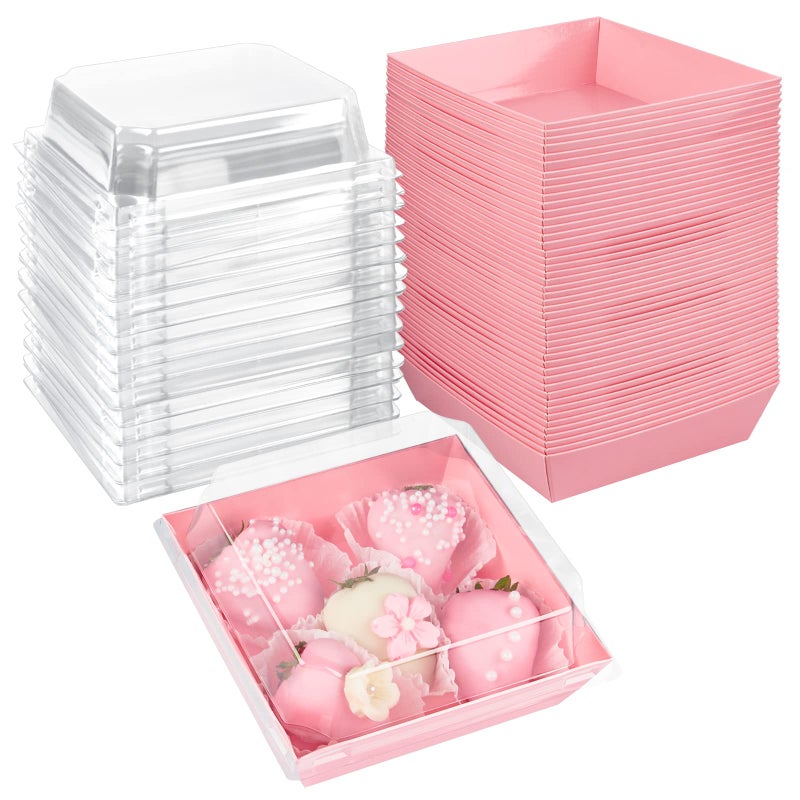 Ocmoiy 50 Pack Small Charcuterie Boxes with Clear Lids 4x4 Inch, To Go Disposable Paper Food Containers Bakery Treat Boxes for Desserts, Cake Slice, Cookies, Strawberries (Pink, 50) - Image 1