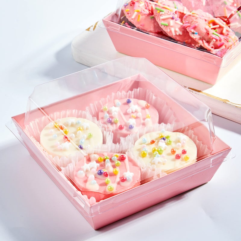 Ocmoiy 50 Pack Small Charcuterie Boxes with Clear Lids 4x4 Inch, To Go Disposable Paper Food Containers Bakery Treat Boxes for Desserts, Cake Slice, Cookies, Strawberries (Pink, 50) - Image 5