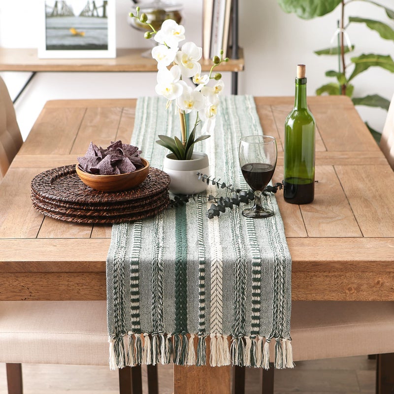 DII Farmhouse Braided Stripe Table Runner Collection, 15x108 (15x113, Fringe Included), Dark Green - Image 4