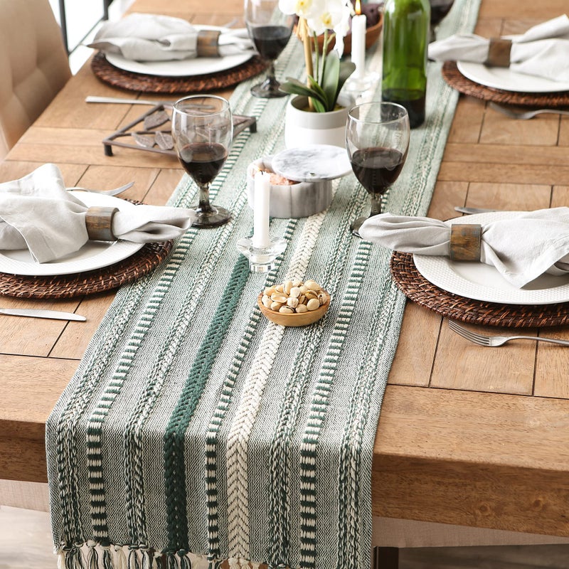 DII Farmhouse Braided Stripe Table Runner Collection, 15x108 (15x113, Fringe Included), Dark Green - Image 5