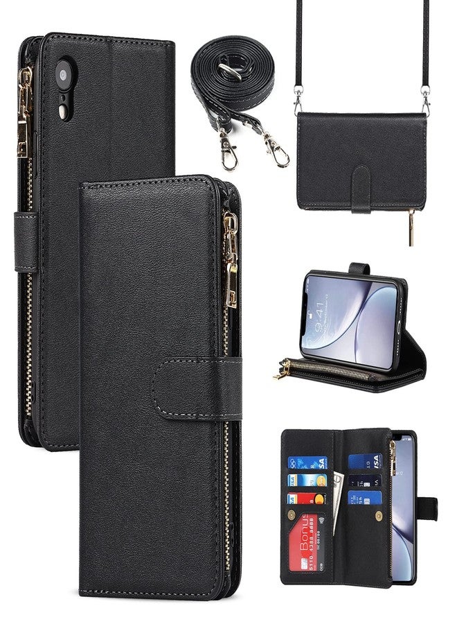 Jaorty for iPhone XR Wallet Case with Strap,for iPhone XR Phone Case for Women with Card Holder, Crossbody PU Leather Zipper Pocket Case with Credit Card Holders,6.1" Black - Image 1
