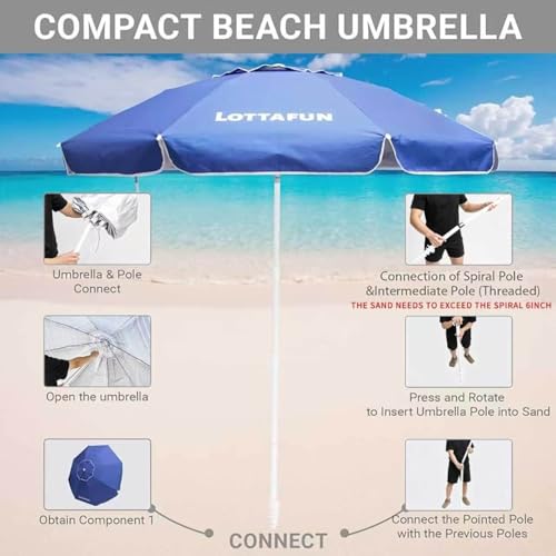 LOTTAFUN 6ft Beach Umbrella Heavy Duty Wind Resistant UV 50 Portable Sun Shade with Sand Anchor Carry Bag Outdoor Folding Umbrella for Beach Pool Patio Garden Dark Blue No Tilt The sand needs to exceed the spiral 6inch - Image 3