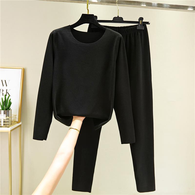 Seamless velvet thermal underwear suit womens autumn and winter fleece-lined thick long sleeve bottoming shirt cotton autumn clothes long pants two-piece set Black