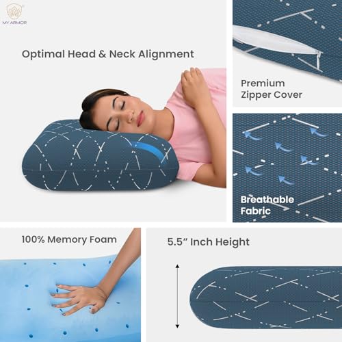 MY ARMOR Cool Gel Memory Foam Pillow, Orthopedic Pillow for Neck Pain Relief & Back Support, Extra-Thick King Size Pillow - 5.5 Inch Thick, Blue Checks Cover - Pack of 1 - Image 3