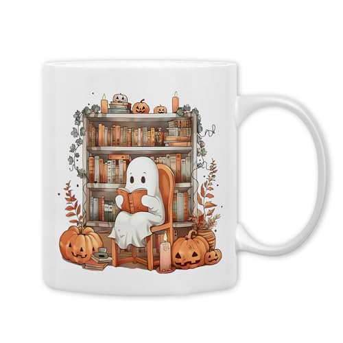 QASHWEY Halloween Reading Ghost Coffee Mug - Fall Book Lovers Gifts, Themed Tea Cup for Reading Lovers, Bookish Ghost Ceramic Cup 11oz - Image 1