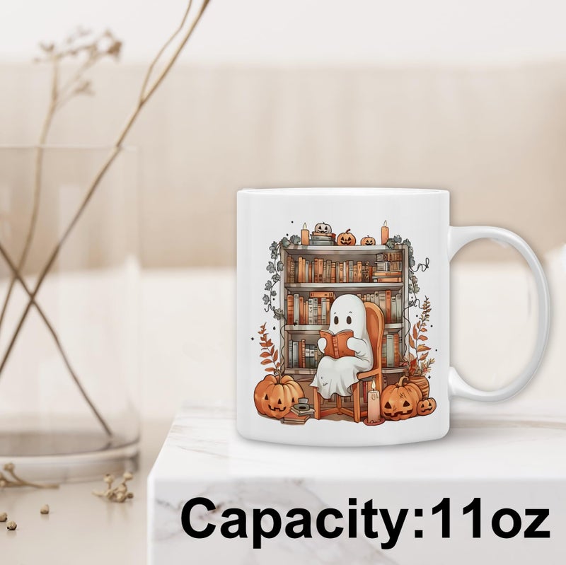 QASHWEY Halloween Reading Ghost Coffee Mug - Fall Book Lovers Gifts, Themed Tea Cup for Reading Lovers, Bookish Ghost Ceramic Cup 11oz - Image 2