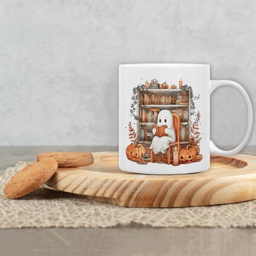 QASHWEY Halloween Reading Ghost Coffee Mug - Fall Book Lovers Gifts, Themed Tea Cup for Reading Lovers, Bookish Ghost Ceramic Cup 11oz - Image 4