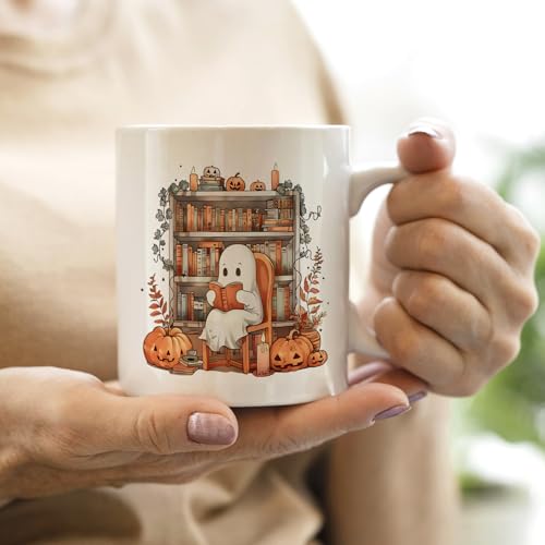 QASHWEY Halloween Reading Ghost Coffee Mug - Fall Book Lovers Gifts, Themed Tea Cup for Reading Lovers, Bookish Ghost Ceramic Cup 11oz - Image 5