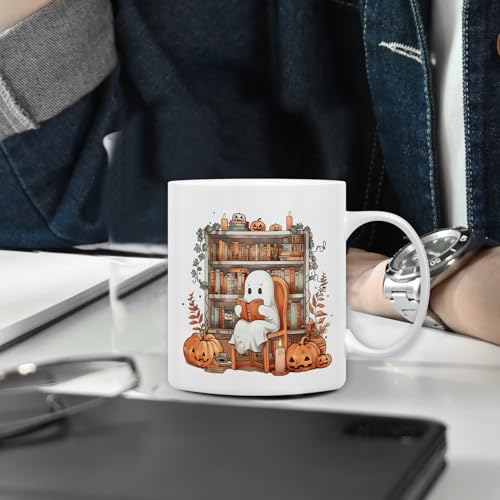 QASHWEY Halloween Reading Ghost Coffee Mug - Fall Book Lovers Gifts, Themed Tea Cup for Reading Lovers, Bookish Ghost Ceramic Cup 11oz - Image 3