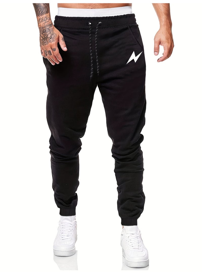 Men's Black Logo Joggers Drawstring Waist Ankle Cuffed Casual Tapered Sweatpants - Image 1