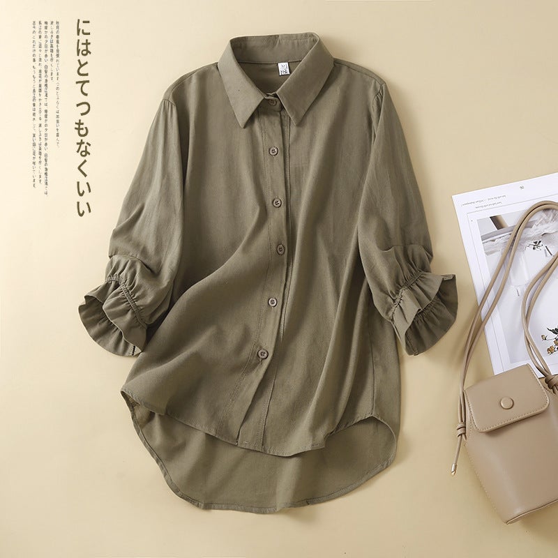 Real S 2023 Korean Cotton And Linen Solid Color Single-Breasted Loose Large Size Thin Seven-Sleeved Shirt Top - Image 2